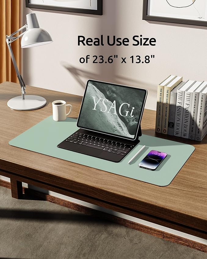 YSAGi Leather Desk Protector, Office Mat, Large Mouse Mat, Non-Slip PU Leather Blotter, Laptop Pad, Waterproof Writing Pad for Office and Home (Pale Green, 23.6" x 13.8")