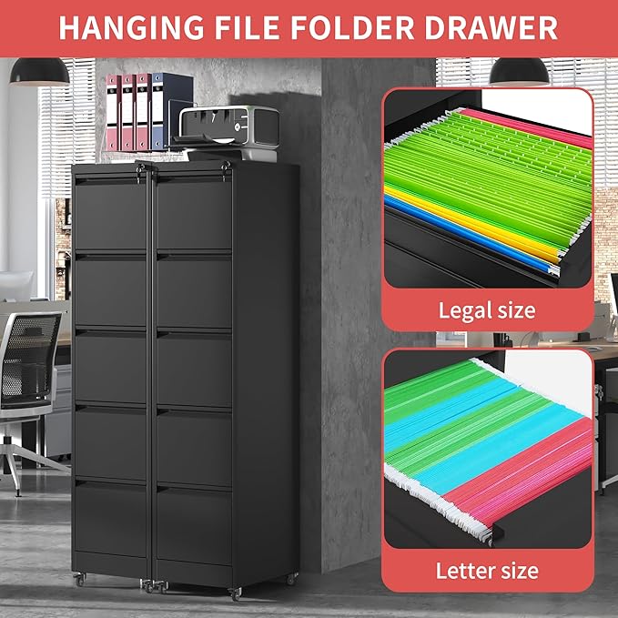 IKIMI 5 Drawer Locking File Cabinet with Wheels,Metal Mobile Filing Cabinets,Black Vertical File Cabinet for Home Office,Heavy Duty Storage Cabinet for A4/Letter/Legal Size File,Assembly Required
