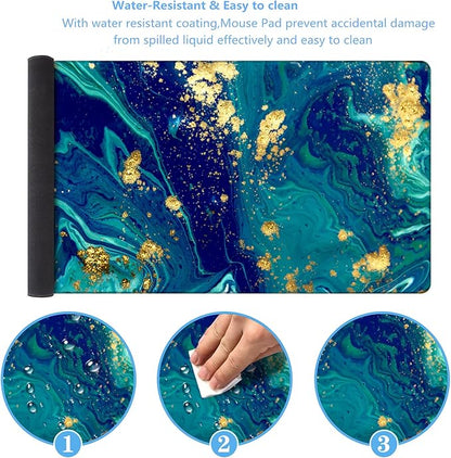 iCasso Extended Gaming Mouse Pad (35.4x15.7 in), Large Non-Slip Rubber Base Mousepad with Stitched Edges, Waterproof Keyboard Mouse Mat Desk Pad for Work, Game, Office, Home - Blue Marble - XXL