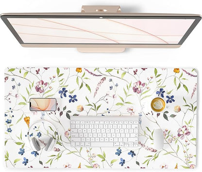 QIYI Floral Mouse Pad, Large Desk Mat for Desktop, Women Girls Watercolor Flowers Office Décor Desk Accessories, PU Leather Waterproof Gaming Mousepad, Wildflowers Desk Pad Computer Mat, 31.5" x 15.7"