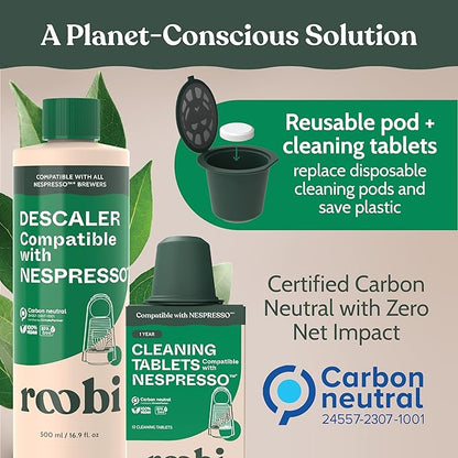 Roobi Descaling and Cleaning Kit Compatible with Nespresso Originaline. Includes 1 Bottle of Descaling Solution, 12 Cleaning Tablets and 1 Reusable Pod. Carbon Neutral. 1 Year Supply.