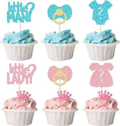 24Pcs Boy or Girl Cupcake Toppers Glitter Gender Reveal Onesie Question Mark Cupcake Picks Little Man or Little Lady Baby Shower Cake Decorations for Kids Birthday Gender Reveal Party Cake Decoration