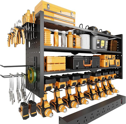 VDEVY Power Tool Organizer Wall Mount with Charging Station, Heavy-Duty Metal Garage Tool Storage Rack & 8 Outlet Power Strip, 33 Inch Long 4 Tier Shelves for Workshop Organization