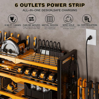 NattyDot Power Tool Organizer Wall Mount with Charging Station 4 Layer 6 Slot Cordless Drill Holder with Angle Grinder Holder (Yellow)