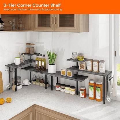 Homode Kitchen Countertop Organizer, 3 Tier Corner Shelf Bathroom Counter Organizer, Wooden Counter Shelf Stand Space Saver, Easy Assembly, Rustic Grey