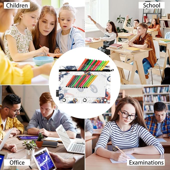 Wamika Motorcycle White Binder Pouches 3 Ring for Boys Girls School Office College Supplies Motocross Sports Grunge Pattern Pencil Pouches Case Bag with Clear Window and Zipper 2 pack