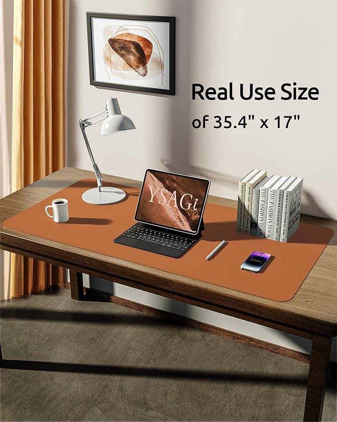 YSAGi Leather Desk Protector, Office Mat, Large Mouse Mat, Non-Slip PU Leather Blotter, Laptop Desk Mat, Waterproof Writing Pad for Office and Home (Brown, 35.4" x 17")