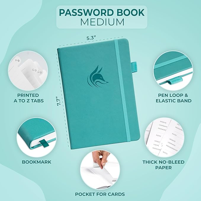 Clever Fox Password Book with alphabetical tabs. Internet Address Organizer Logbook. Medium Password Keeper for Website Logins (Turquoise)