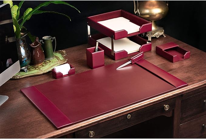DACASSO Bonded Leather Desk Set - Luxury Leather Desk Pad & Desk Organization Essentials (Burgundy, 8 Piece)