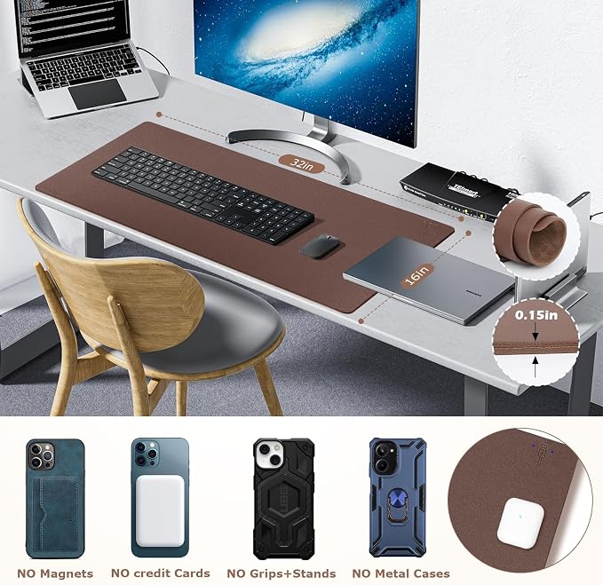 Wireless Charging Mouse Pad Firelison 2 in 1 Leather Multifunctional Office Desk Pad with Non-Slip Rubber Base, Waterproof Desk pad for Computers/Office/Work/Home/Decor（ 32" x 16"Brown - R）