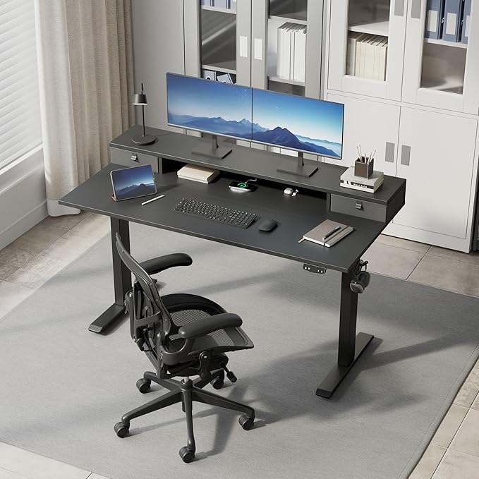 Klicelor 55 Inch Electric Standing Desk with Drawers, Adjustable Height Small Sit Stand Desk for Home Office, Compact Computer Workstation with Storage– Black