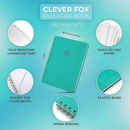 Clever Fox Password Book Spiral – Internet Address & Password Organizer with Laminated Alphabetical Tabs – Password Keeper Journal – Hardcover, Medium Size, 6.1x7.7” (Turquoise)
