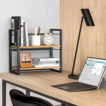 ART-GIFTREE Office Desk Shelf Organizer, Wood Desktop Bookshelf Supplies Storage Rack, Shelf for Top of Desk and Dresser (Black-2 Tier)