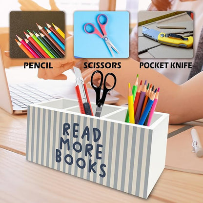 Reading Room Decor Pen Pencil Holder Organizer for Desk,Read More Books Blue Striped Wooden Box Signs Decorations for Reading Room Classroom Library Desk Tabletop, Book Lover Reader Gifts