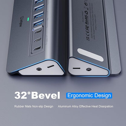 YH6AC Powered USB Hub 10Gbps, intpw 9-Port USB Splitter with USB A/USB C 3.2, 4 USB 3.0, 2 PD 45W Charging Ports, 65W Power Adapter + 3.3FT Cable, Aluminum USB Extender Hub for Laptop, PC,iPhone 17/16