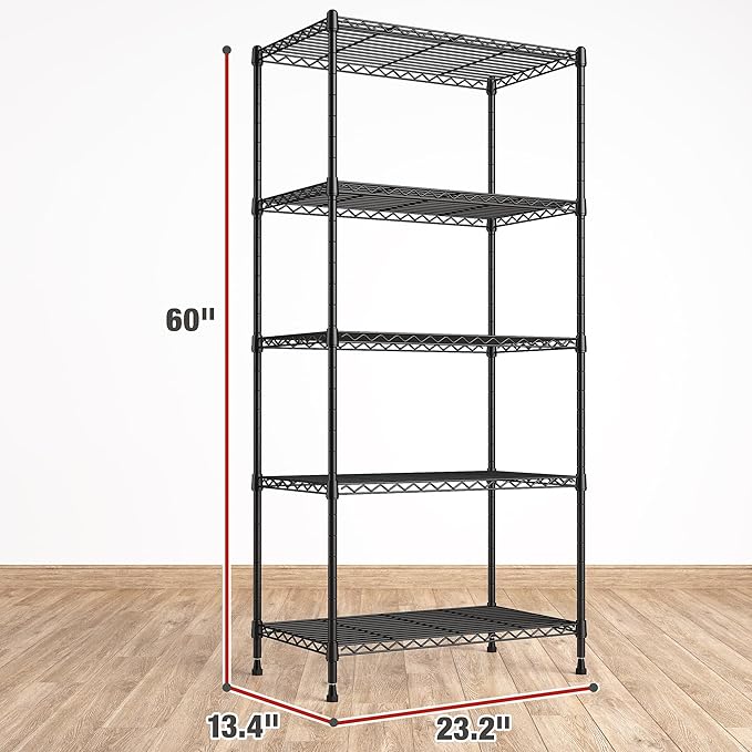 REIBII 1000LBS Wire Shelving Unit, 5 Tier Adjustable Metal Storage Shelves for Kitchen Pantry Office Steel Organizer Wire Rack for Narrow Space, 13.4" D x 23.2" W x 60" H, Black,2PCS