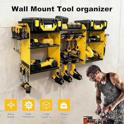 ERVNYNT 3 layers power tool organizer Loads 150lbs with 6 Cordless Drill Holder and 6 Outlet Power Strip,it’s good choice for husband birthday gift,yellow