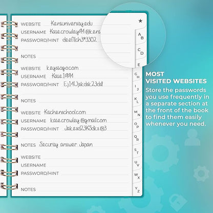 Clever Fox Password Book Spiral – Internet Address & Password Organizer with Laminated Alphabetical Tabs – Password Keeper Journal – Hardcover, Medium Size, 6.1x7.7” (Turquoise)