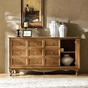 Transitional Solid Wood Sideboard with Adjustable Shelves, 58" Spacious Storage Sideboard, Versatile Kitchen Buffet Cabinet with Solid Wood Legs, Acorn