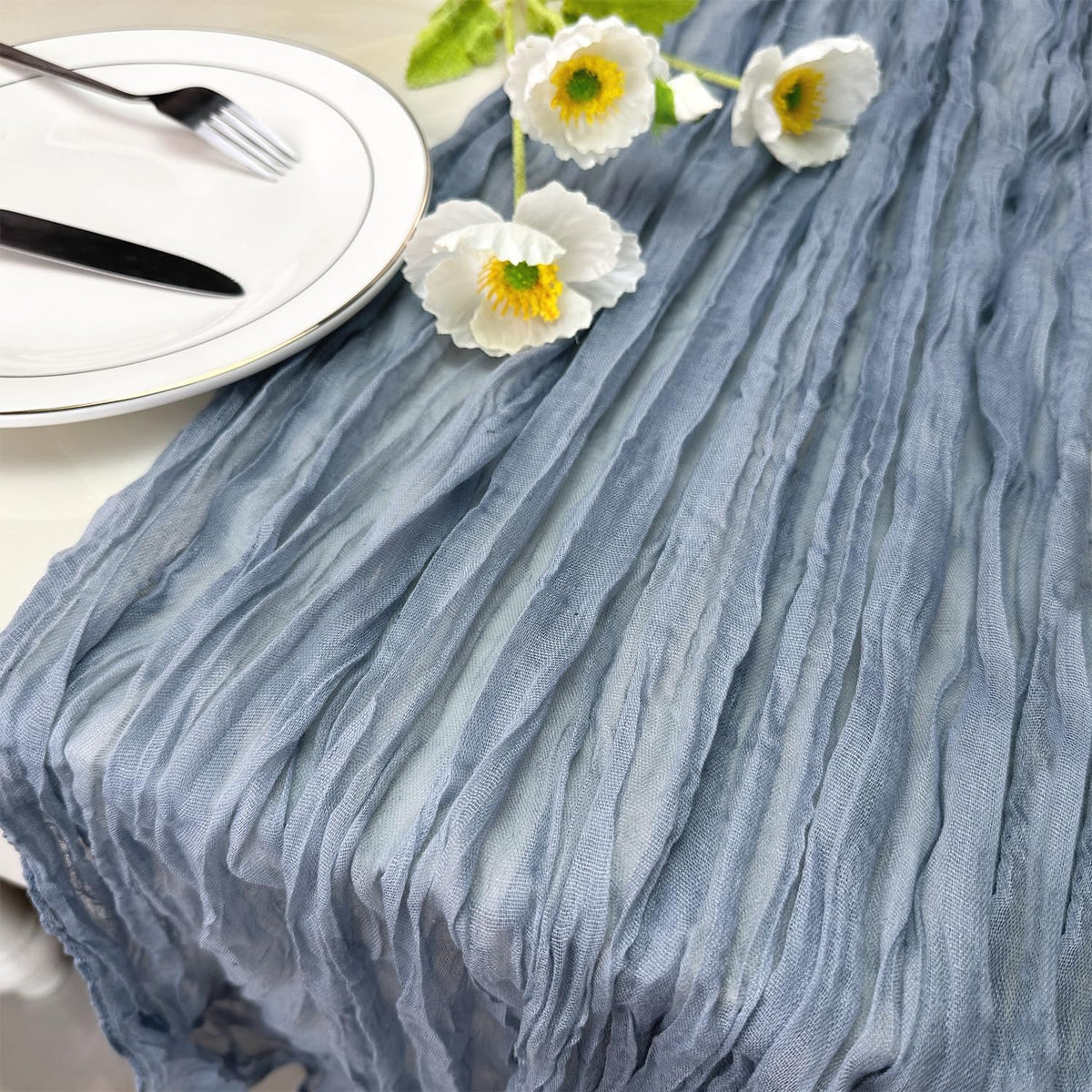 Booque Valley Dusty Blue Cheesecloth Table Runner 10ft Super Soft Boho Wrinkled Gauze Sheer Cloth for Baby Shower Baptism Birthday Party Wedding Centerpiece Table Decoration, 35x120 Inch