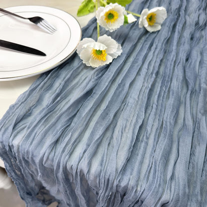 Booque Valley Dusty Blue Cheesecloth Table Runner 10ft Super Soft Boho Wrinkled Gauze Sheer Cloth for Baby Shower Baptism Birthday Party Wedding Centerpiece Table Decoration, 35x120 Inch