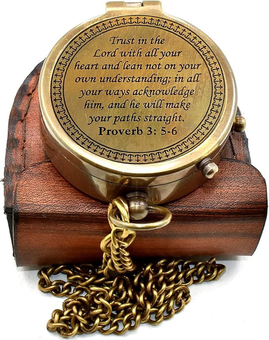 'Trust in The Lord'' Proverb3:5-6 Special Bibal Quote Scriptue Engraved Compass with Leather Case Guidance Gift | Religious Gift Compass | Baptism Gift | Graduation Gift Compass