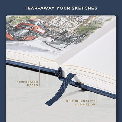 Beechmore Books A3 Sketchbook – 11.7x16.5 Premium Vegan Leather Bound Extra Large Sketch Book Hardcover, 160gsm 160 Perforated Ivory Pages, Blank Sketch Pad, Gift Boxed, Back Pocket, Ribbon Bookmark