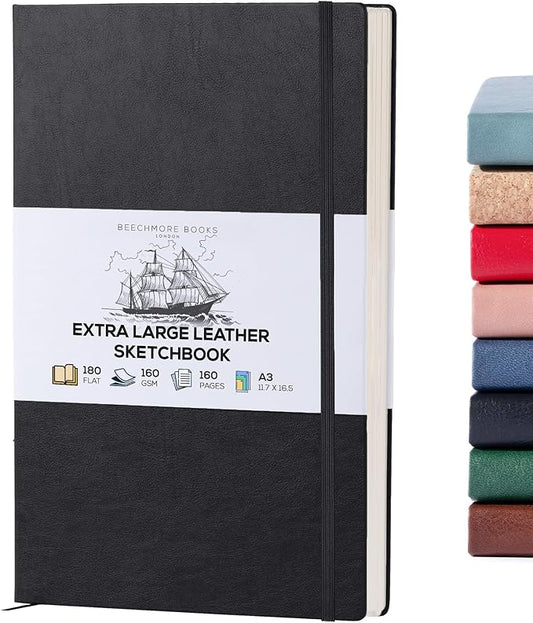 Beechmore Books A3 Sketchbook – 11.7x16.5 Premium Vegan Leather Bound Extra Large Sketch Book Hardcover, 160gsm 160 Perforated Ivory Pages, Blank Sketch Pad, Gift Boxed, Back Pocket, Ribbon Bookmark