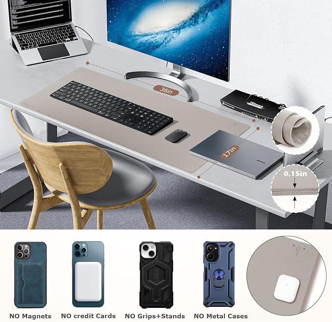 Wireless Charging Mouse Pad Firelison 2 in 1 Leather Multifunctional Office Desk Pad with Non-Slip Rubber Base, Waterproof Desk pad for Computers/Office/Work/Home/Decor（ 36" x 17"Grey - R）