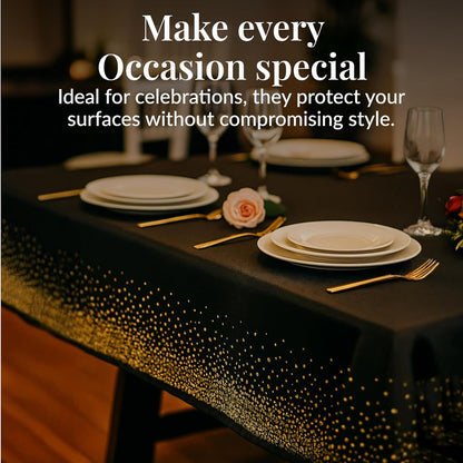 Prestee 12-Pack Black and Gold Dots Disposable Tablecloths – 108x54 Inch Waterproof Plastic Table Covers – Elegant, Heavy-Duty Party Tablecloths for Weddings, Birthdays, Holidays, and Events