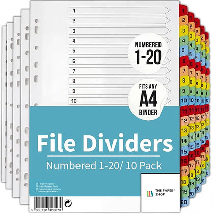 Binder Dividers with Tabs 1-20 Numbered – A4 (10 Pack) | Dividers for 3 Ring Binder | Numbered Tab Dividers for Office, School & Home Organization - The Paper Shop