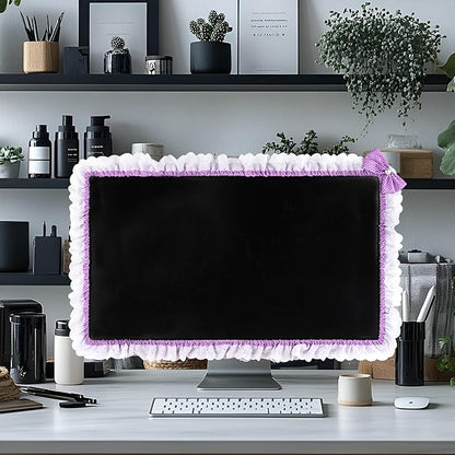 Kingshion 32"-38" Lovely Cute Computer Monitor Cover with Lovely Cute Elastic Pen Pocket Bow-knot TV LCD Screen Monitor Decoration Dust Cover Protector, Lace Fabric - purple
