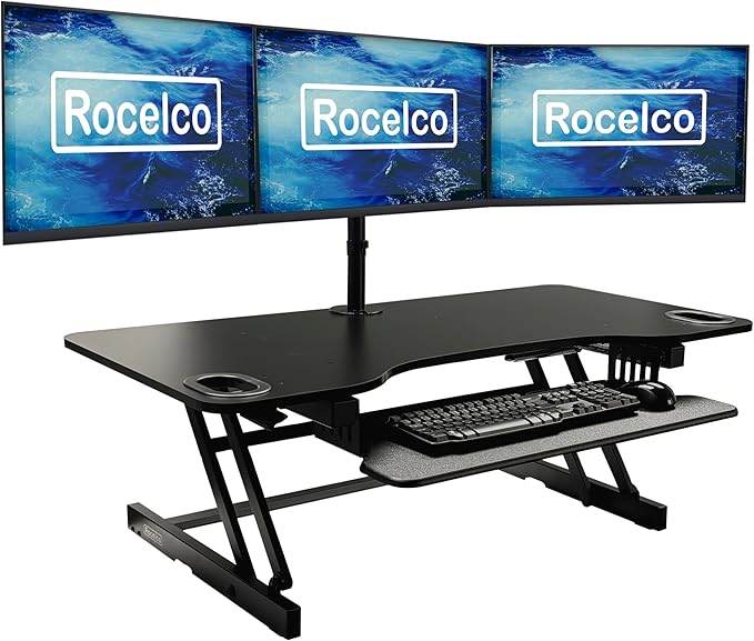 Rocelco 45" Height Adjustable Standing Desk Converter with Triple Monitor Mount and Slide Out Retractable Keyboard Tray - Sit Stand Up Three Screen Tabletop Riser Workstation - Black (R ADRB-45-DM3)