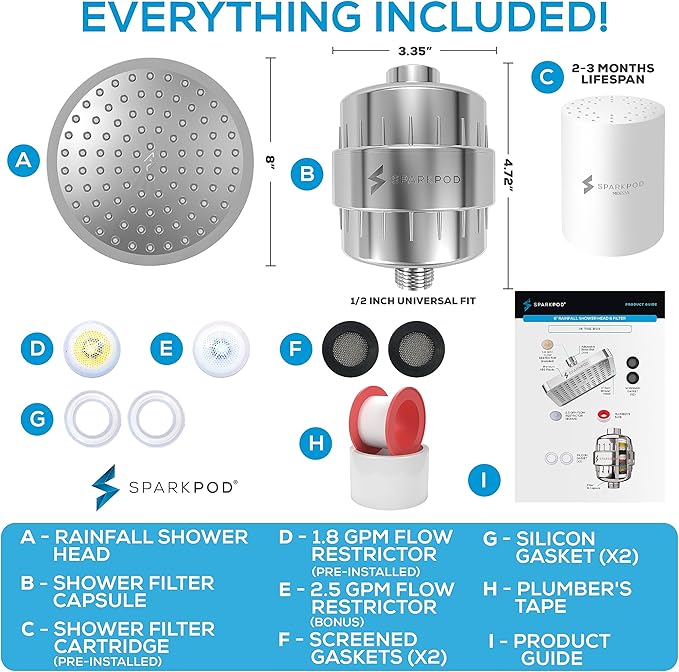 SparkPod Luxury Filtered Shower Head Set 23 Stage Shower Filter - Reduces Chlorine and Heavy Metals - High Pressure Showerhead Filter (8" Round, Luxury Polished Chrome)