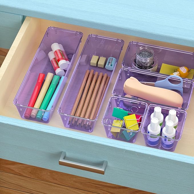 WOWBOX 6 Pack Clear Drawer Organizer Set, Acrylic Drawer Storage Trays, Storage Bins for Makeup, Cosmetics, Jewelries, Utensils, Gadgets, Office, Purple