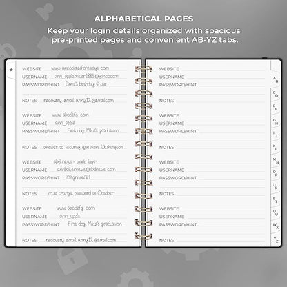 Clever Fox Password Book Spiral – Internet Address & Password Organizer with Laminated Alphabetical Tabs – Password Keeper Journal – Hardcover, Medium Size, 6.1x7.7” (Black)