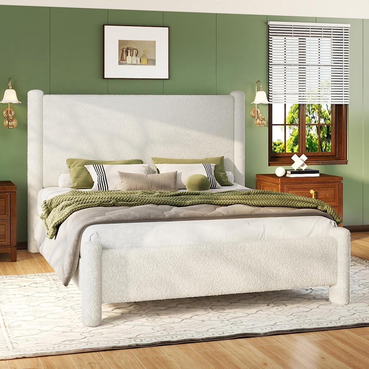 Boucle Cloud Upholstered Bed Frame with Cylinder Headboard, Modern Platform Structure, Sherpa Boucle Soft Design, No Box Spring Needed (White, Full)