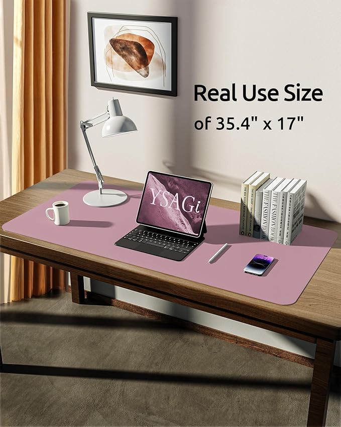 YSAGi Leather Desk Protector, Office Mat, Large Mouse Mat, Non-Slip PU Leather Blotter, Laptop Desk, Waterproof Writing Pad for Office and Home (Pale Mauve, 35.4" x 17")