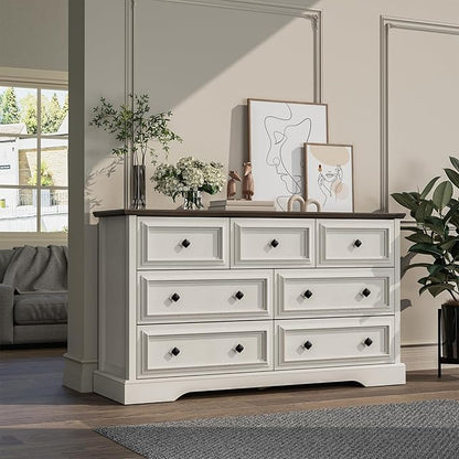 VVFLU Farmhouse 7 Drawer Dresser for Bedroom, 54" Wide Wooden Dresser with Natural Texture & Vintage Metal Knobs, Large Chest of Drawers for Bedroom, Living Room, Hallway, Antique White