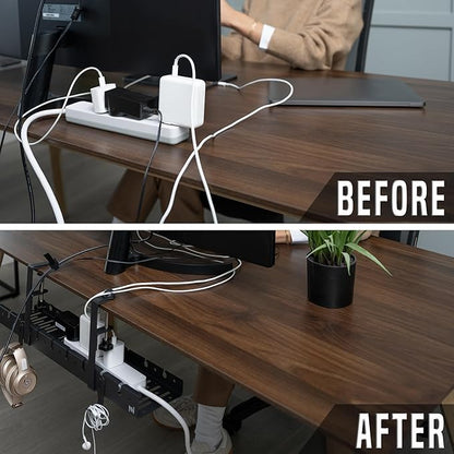 No Drill Under Desk Cable Management Tray - Extendable 16" to 31" Sturdy Steel Desk Cord Hider Raceway - Under Desk Cable Tray Holder with 38 Wire & Cable Rack Organizer Accessories - Black
