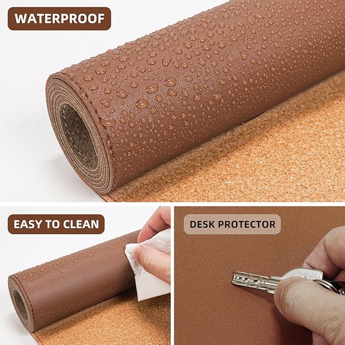 AFIING Leather Desk pad Protector, Large Non-Slip Office Desk Mat with Natural Cork & PU Leather, Waterproof Writing Mouse Pad for Office and Home (55in*17in,Brown)