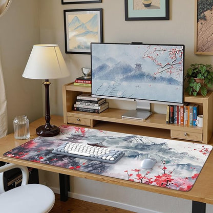 iCasso Desk Protector Mat, Large Japanese Mouse Pad, Stable Rubber Base Mousepad with Stitched Edges, Keyboard Mouse Mat Desk Pad for Work, Game, Office, Home(Sakura)