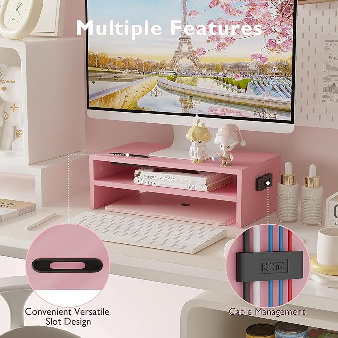 BONTEC Wooden Monitor Stand Riser, 2-Tier Desk Shelf with Storage Organizer, Ergonomic Computer Stand with Cable Management, Cellphone Holder, Pink, 16.5 Inch