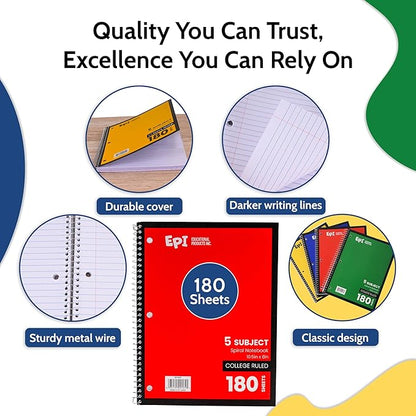EPI Spiral Notebook | 5 Subject - College Ruled - 180 Sheets, Durable Spiral Binding | 10.5 x 8 in | Classroom Supplies | School, Office, Note Taking, Journaling - 24 Pack