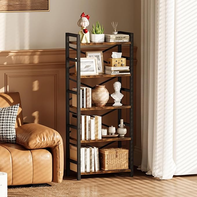 Organization and Storage, 5 Tier Bookshelf, Tall Bookcase with Shelves, Wood and Metal Book Shelf Storage Organizer, Industrial Display Standing Shelf Unit for Bedroom, Living Room, Rustic Brown