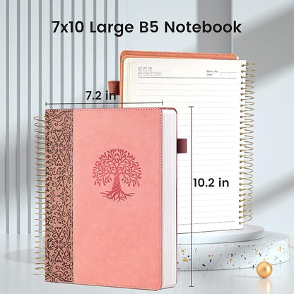 Spiral Notebook Wide Ruled Leather Journal for Women, 300 Pages, 7X10,Pink | Large Notebooks for School Office, Note Taking Notebooks for Writing Lined Notebook with Tabs Pockets Pen Holder