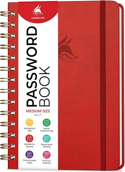 Clever Fox Password Book Spiral – Internet Address & Password Organizer with Laminated Alphabetical Tabs – Password Keeper Journal – Hardcover, Medium Size, 6.1x7.7” (Red)