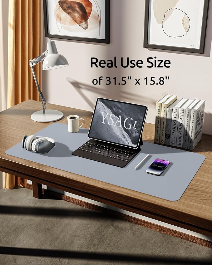 YSAGi Leather Desk Protector, Office Mat, Large Mouse Mat, Non-Slip PU Leather Blotter, Laptop Desk, Waterproof Writing Pad for Office and Home (Light Grey, 31.5" x 15.8")