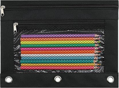 Pencil Pouch for 3 Ring Binder, Pencil Case Bag with Zipper, 600D Fabric Pencil Pouch Holder Accessories, Clear Window Pencil Case Aesthetic Back to School Organizer Pockets for Boy Girl (Black)