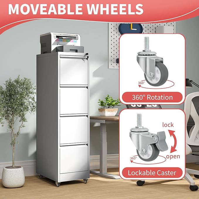 IKIMI 4 Drawer Locking File Cabinet with Wheels,White Metal Mobile Filing Cabinets,Vertical File Cabinet for Home Office,Heavy Duty Rolling Storage Cabinet for A4/Letter/Legal Size,Assembly Required